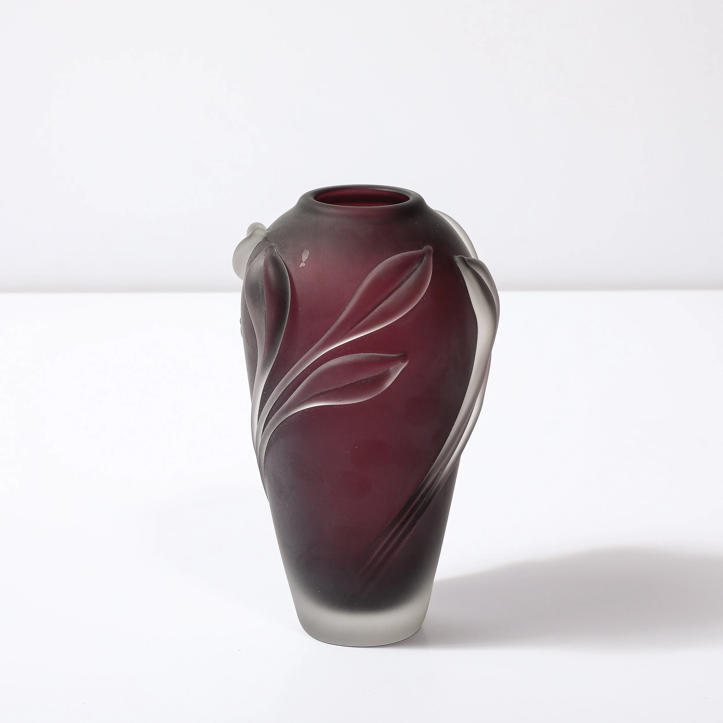 Modernist Frosted Smoked Amethyst Floral Detail Glass Vase Modernist Frosted Smoked Amethyst Floral Detail Glass Vase